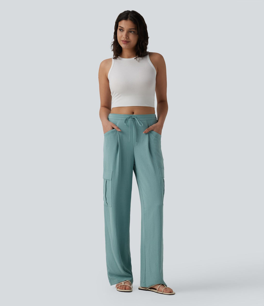 Pantalon cargo casual coupe droite taille mi-haute aspect lin à cordon de serrage avec poches
