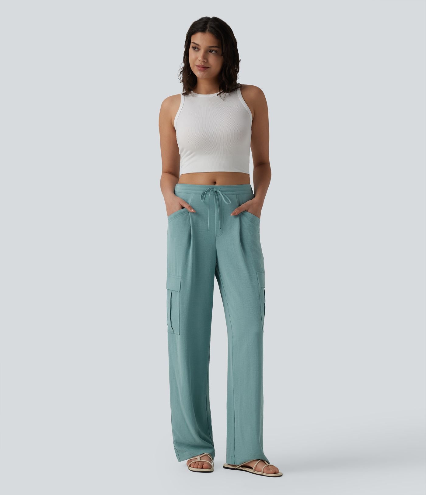 Pantalon cargo casual coupe droite taille mi-haute aspect lin à cordon de serrage avec poches