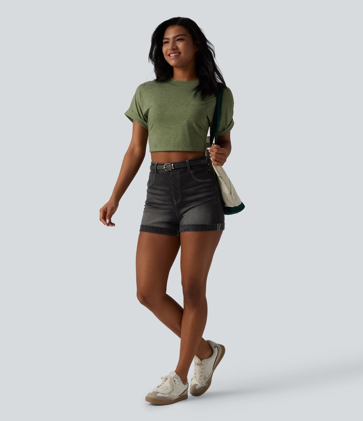 Short denim décontracté Halara Flex™ gainant taille haute ourlet roulotté avec poches
