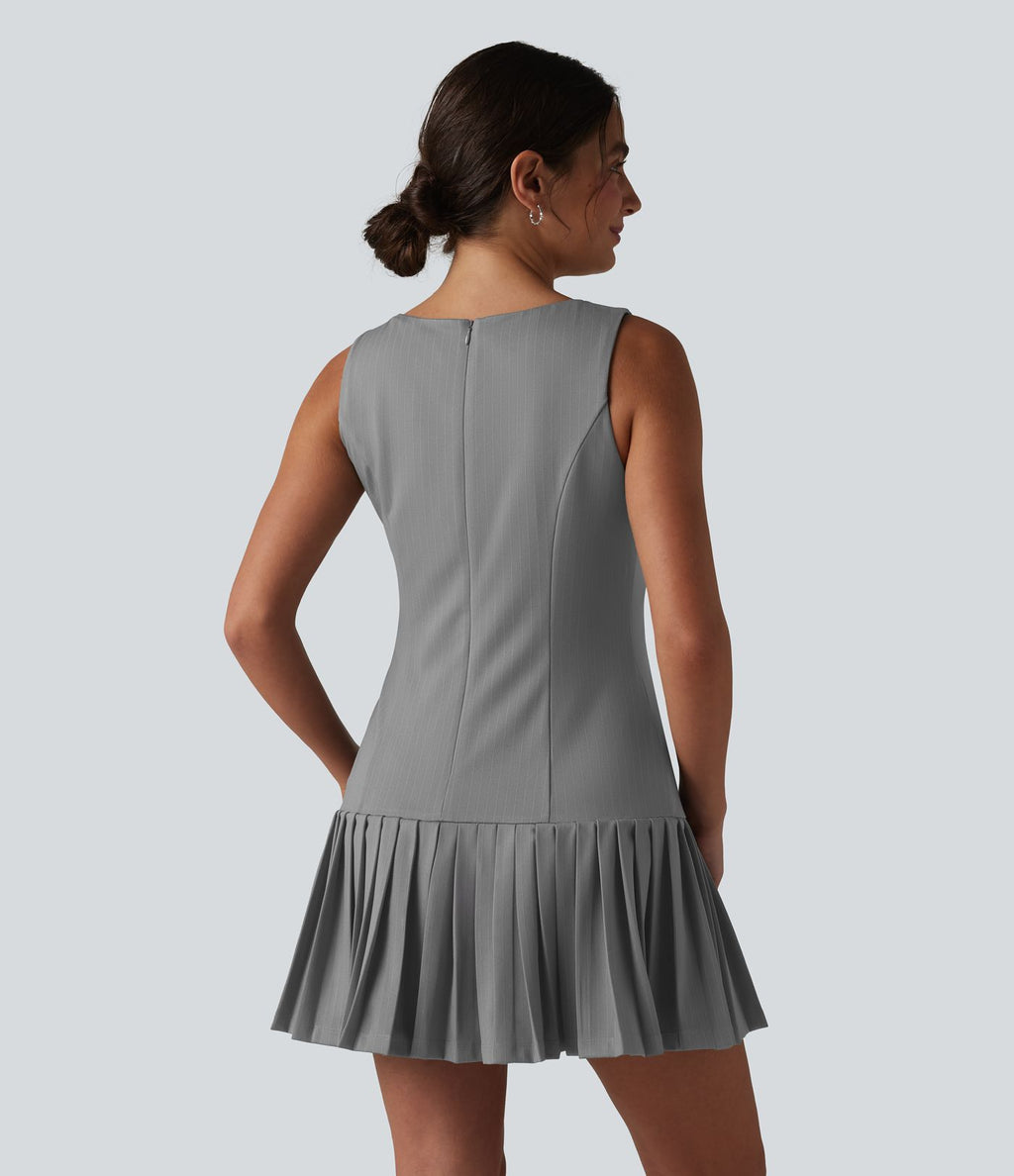 Robe mini habillée col bateau sans manches à rayures et détails plissés