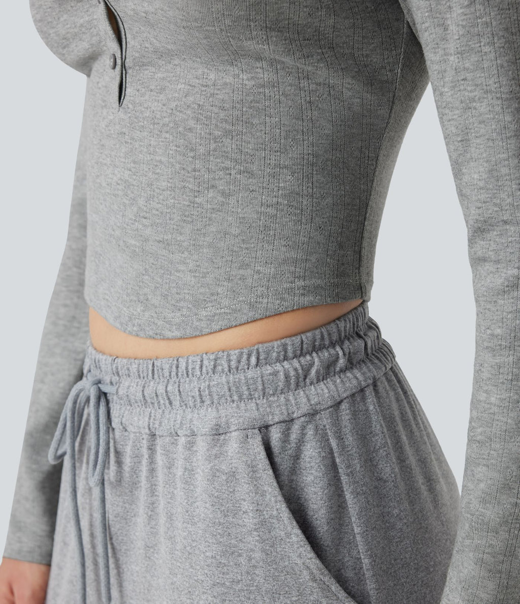 Haut détente cropped maille côtelée col henley manches longues