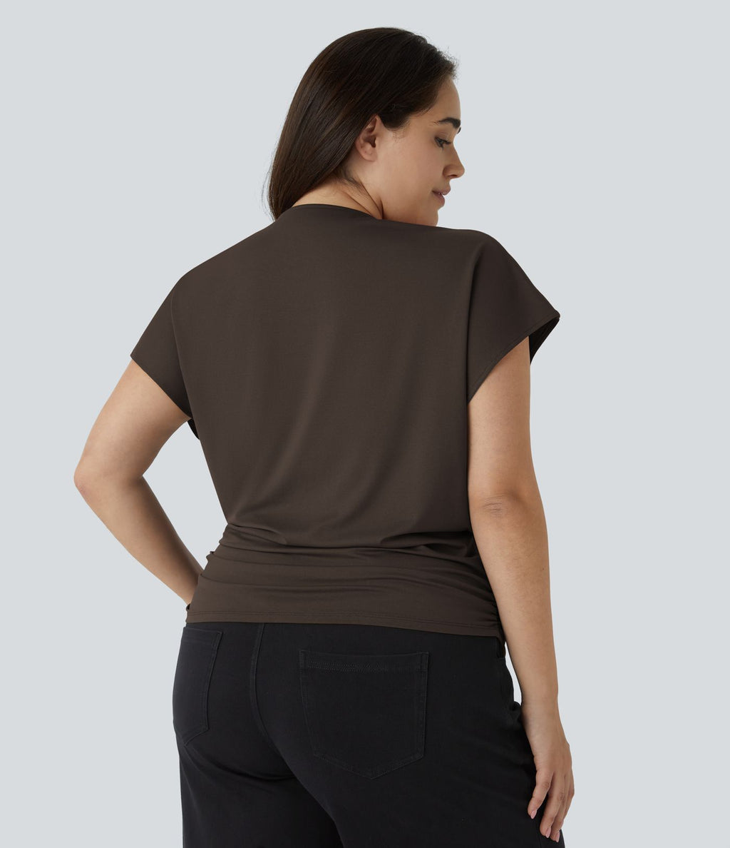 Blouse Travail Unie Froncée Croisée Manches Courtes Col en V Grande Taille