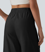 Pantalon casual court en coton et lin taille haute coupe ballon avec cordon de serrage et poches