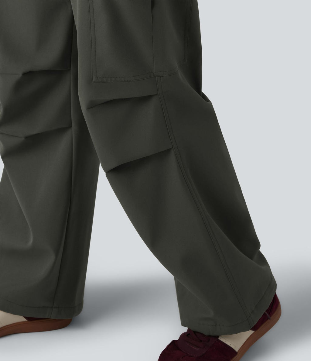 Pantalon parachute large fluide décontracté en polaire taille haute avec poches
