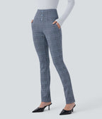 Halara Flex™ Pantalon tailleur Cintrés à Taille Haute avec Boutons Décoratifs Poches Latérales et Imprimé Pied-de-Poule