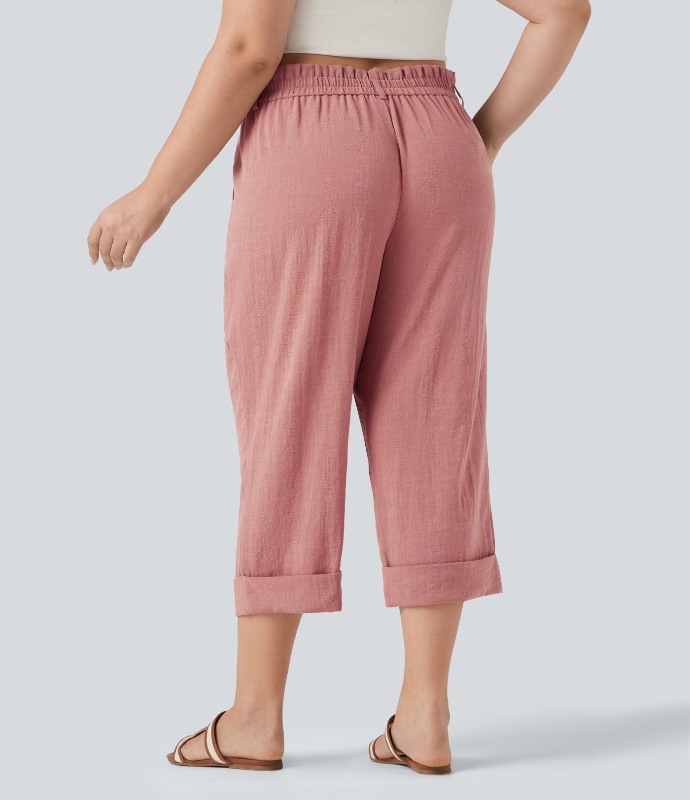 Pantalon de villégiature capri effet lin, grande taille, taille haute, avec poches