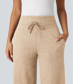 Pantalon jogging large décontracté côtelé gainant taille haute avec cordon de serrage et poches