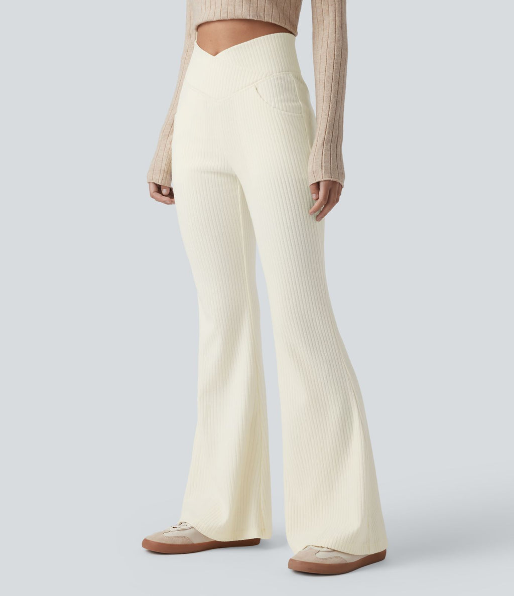 Pantalon Taille Haute Casual Évasés en Tricot Côtelé avec Poches Latérales et Croisé