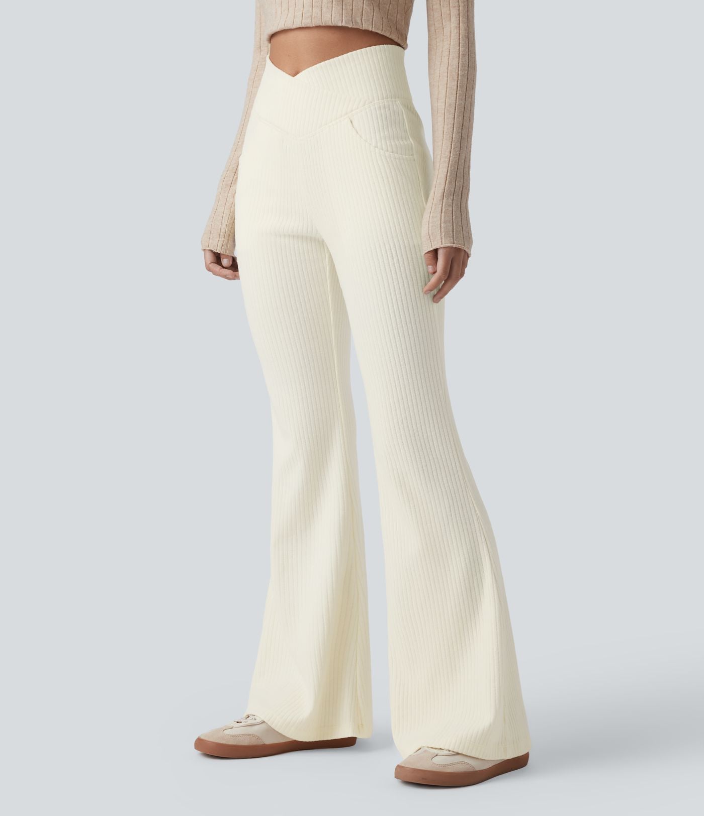 Pantalon Taille Haute Casual Évasés en Tricot Côtelé avec Poches Latérales et Croisé