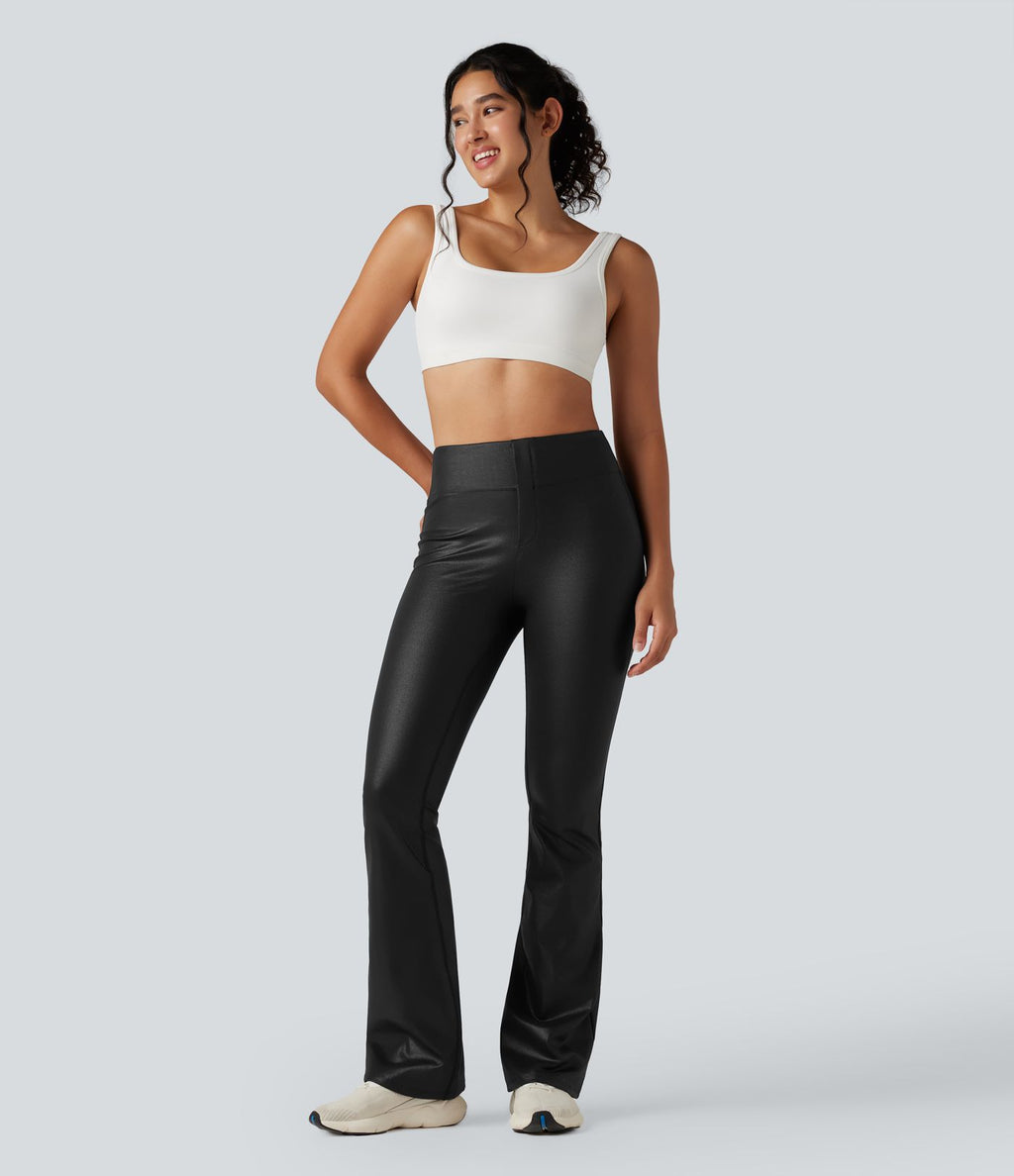 Pantalon de yoga à coupe bootcut gainant taille haute brillant effet cuir avec poches Halara Ultrasculpt™