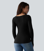Haut décontracté maille côtelée décolleté drapé manches longues froncé