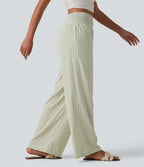 Pantalon large casual taille haute froncé à carreaux vichy avec poches