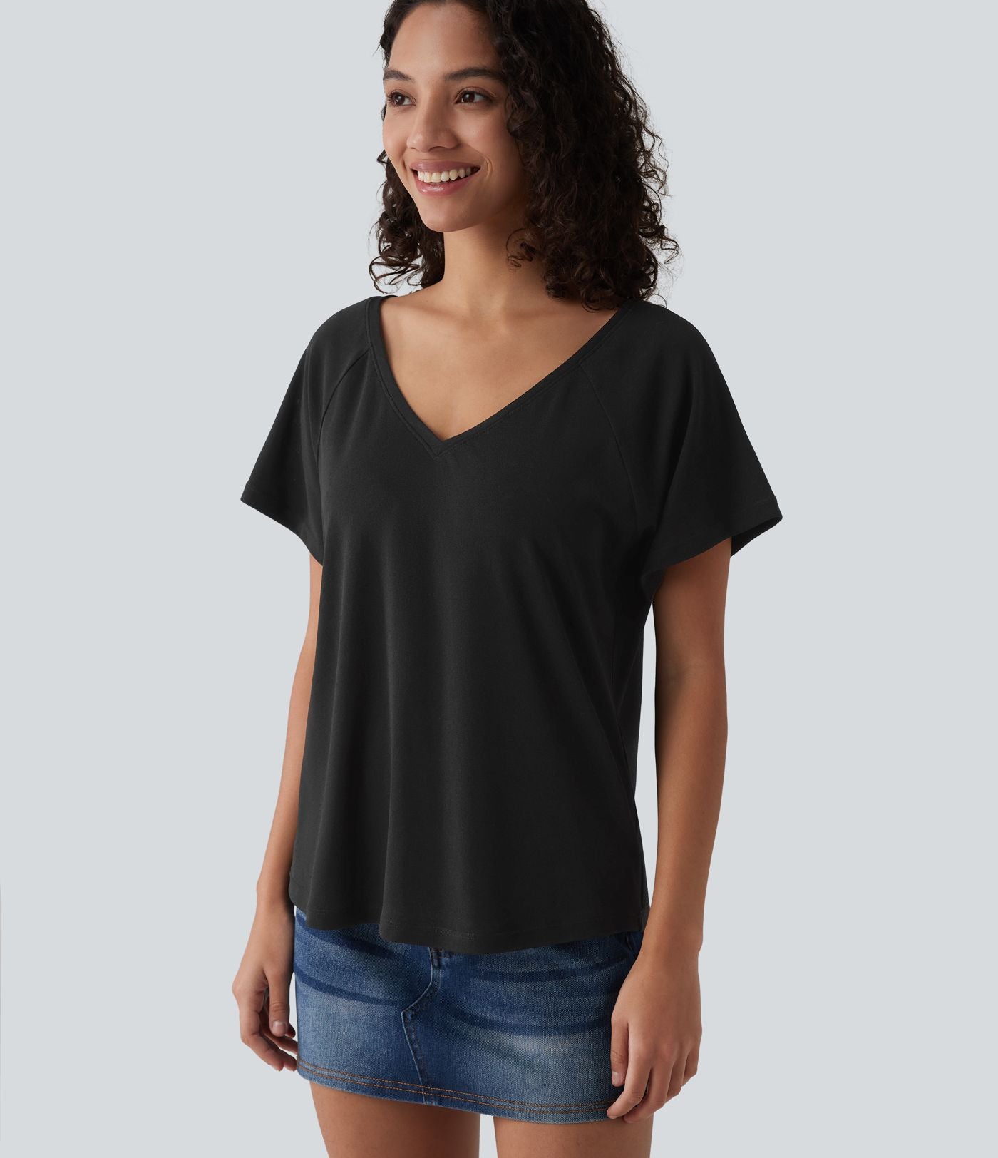 T-shirt casual col V manches raglan courtes coupe ample