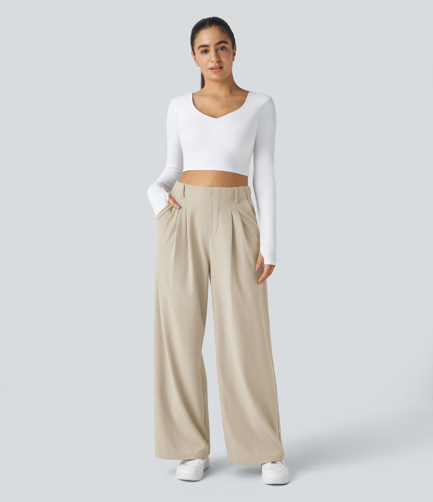 Halara Flex™ Pantalon Tailleur Large Fluide Gaufré Taille Haute Poches Latérales