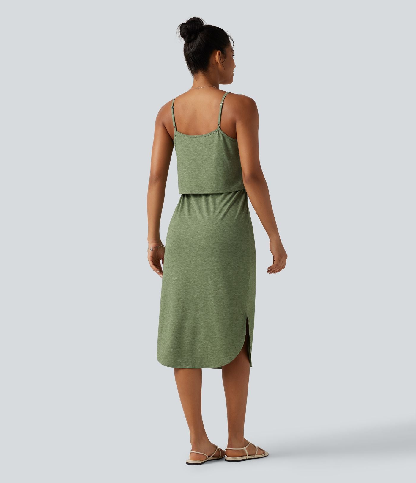 Robe nuisette midi casual à ourlet courbé fendu et cordon de serrage