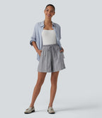 Short tailleur large en lin rayé taille haute avec cordon de serrage et poches