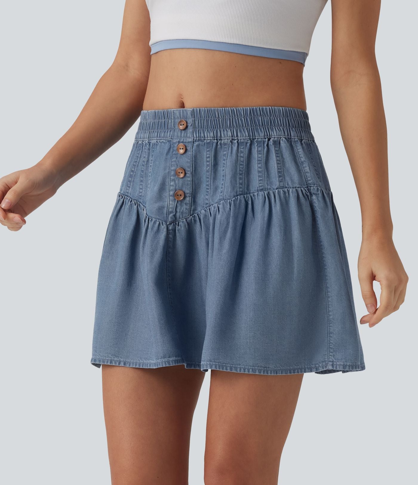 Jupe mini casual trapèze en denim lyocell drapé taille mi-haute