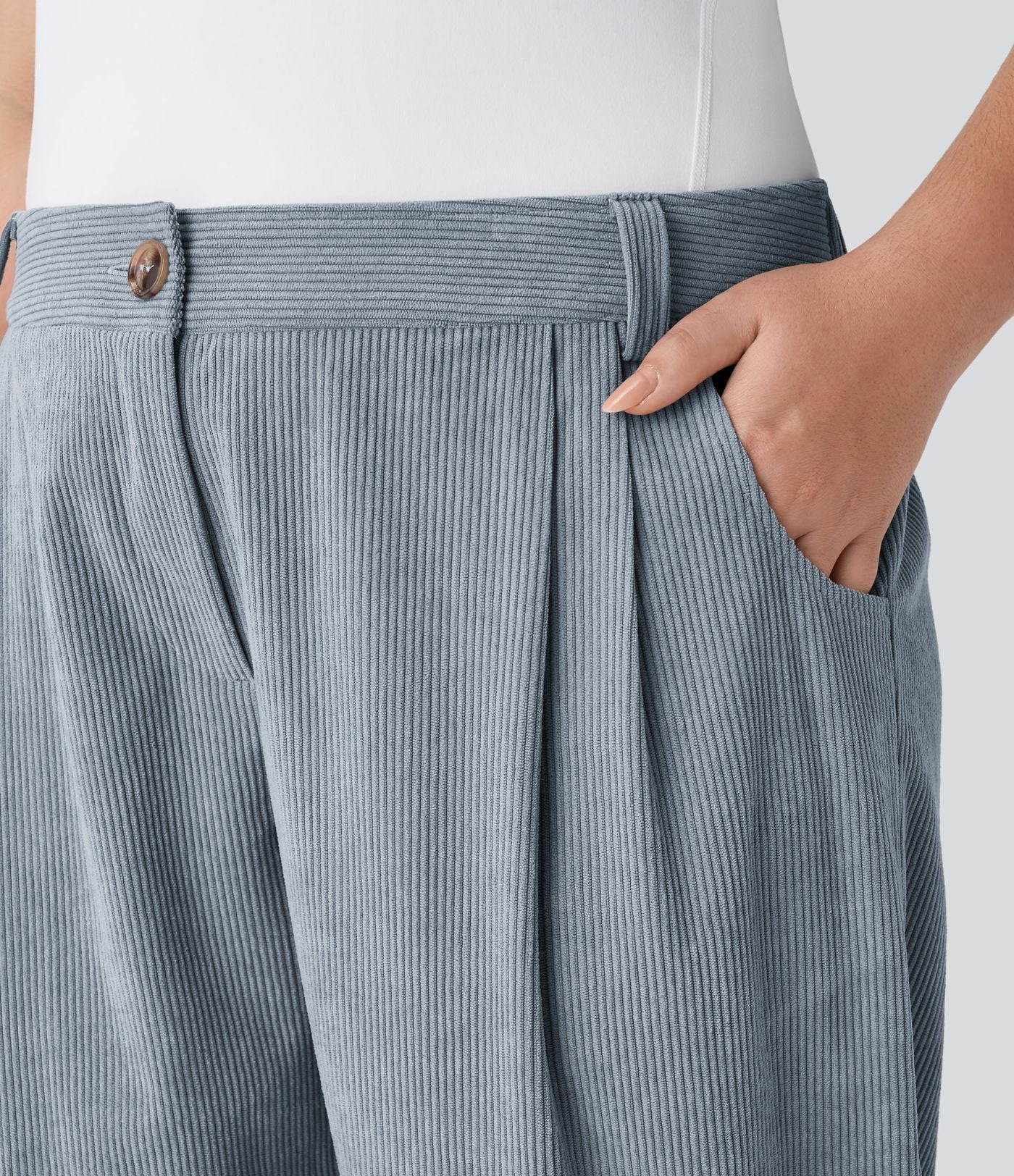 Pantalon Casual Grande Taille Velours Côtelé Taille Mi-haute Boutonnés Fermeture Éclair Poches Latérales