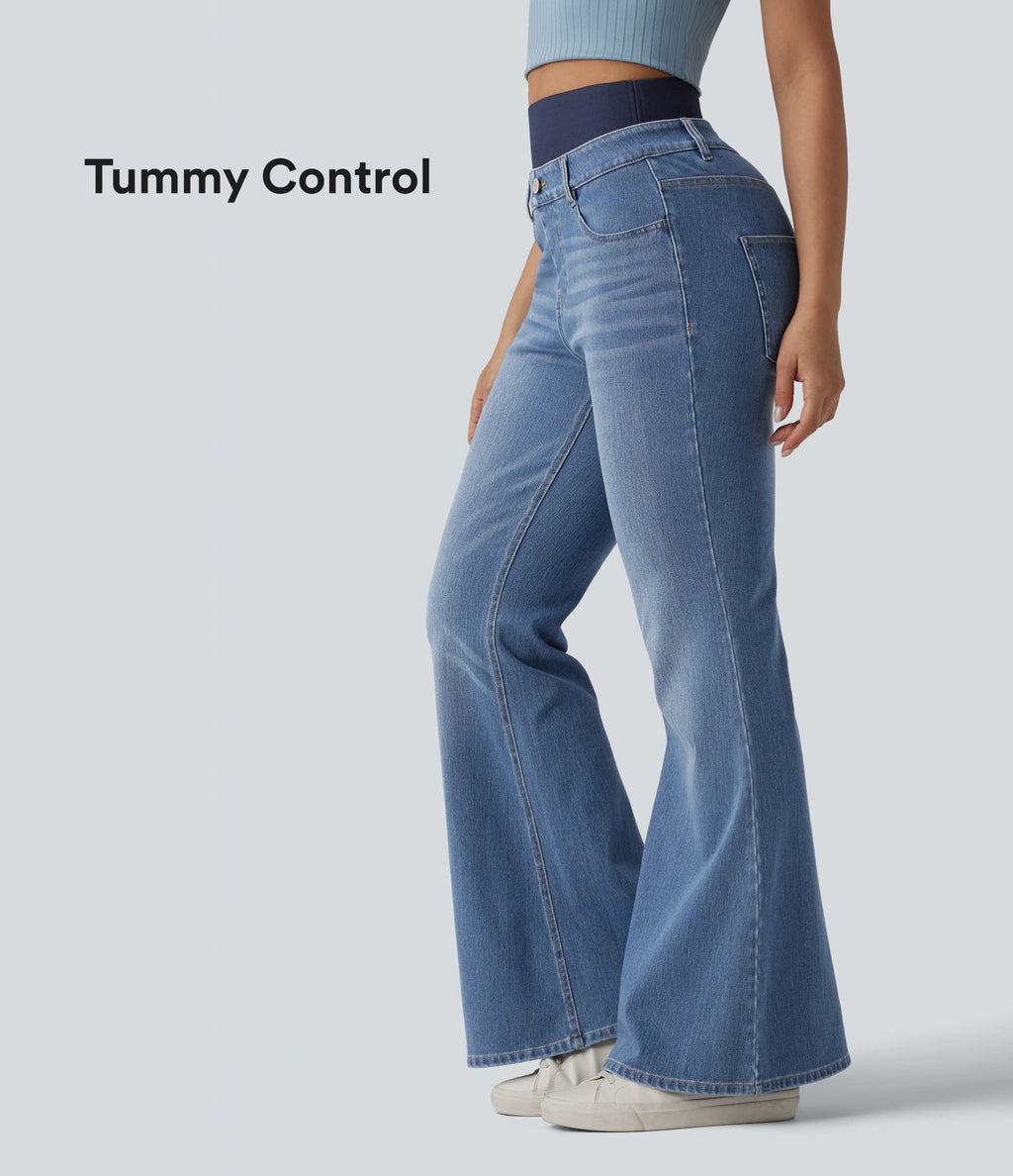 Jean évasé décontracté Halara Flex™ double ceinture gainant taille haute avec poches