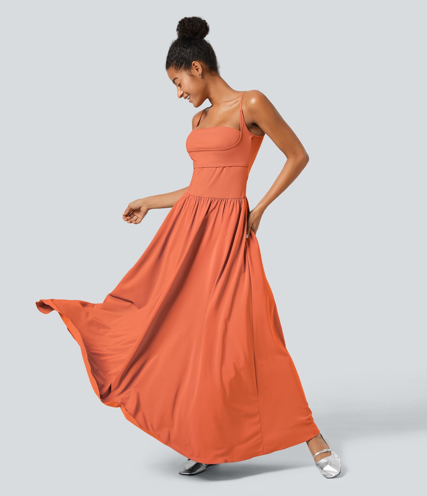 Breezeful™ Robe Débardeur Casual Dos Nu Poches Latérales Plissée Évasée Longue Séchage Rapide