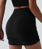 Jupe mini moulante en dentelle 2 en 1, taille haute, ourlet arrondi et froncé, idéale pour demoiselles d'honneur et invitées de mariage