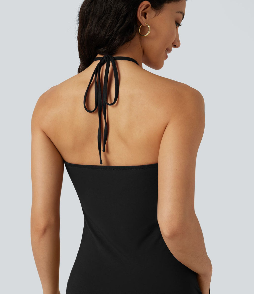 Robe mini de plage à col halter avec brassière intégrée, lien noué au dos et poches