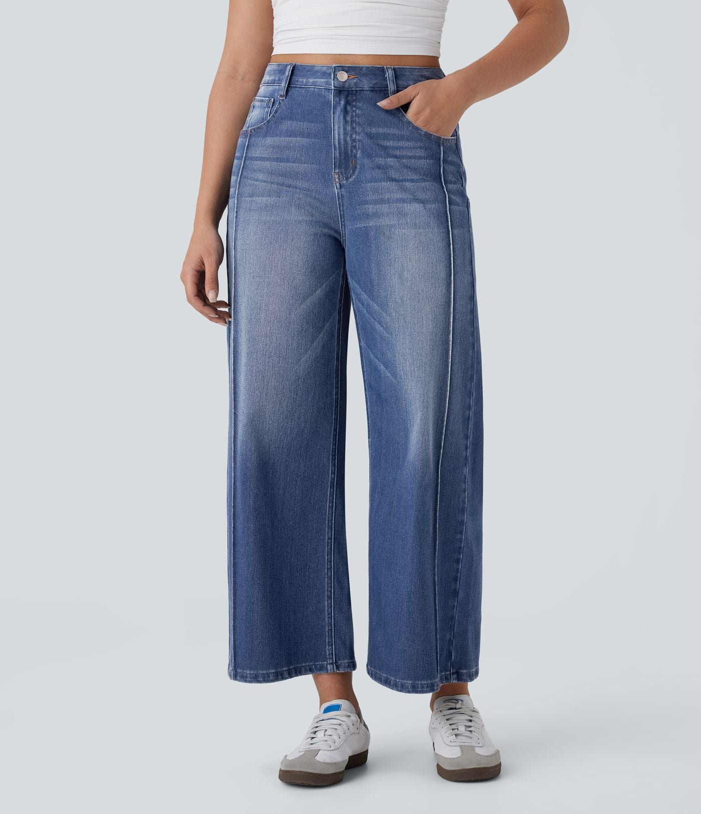Jean 7/8 baggy décontracté délavé taille haute avec poches Halara Flex™