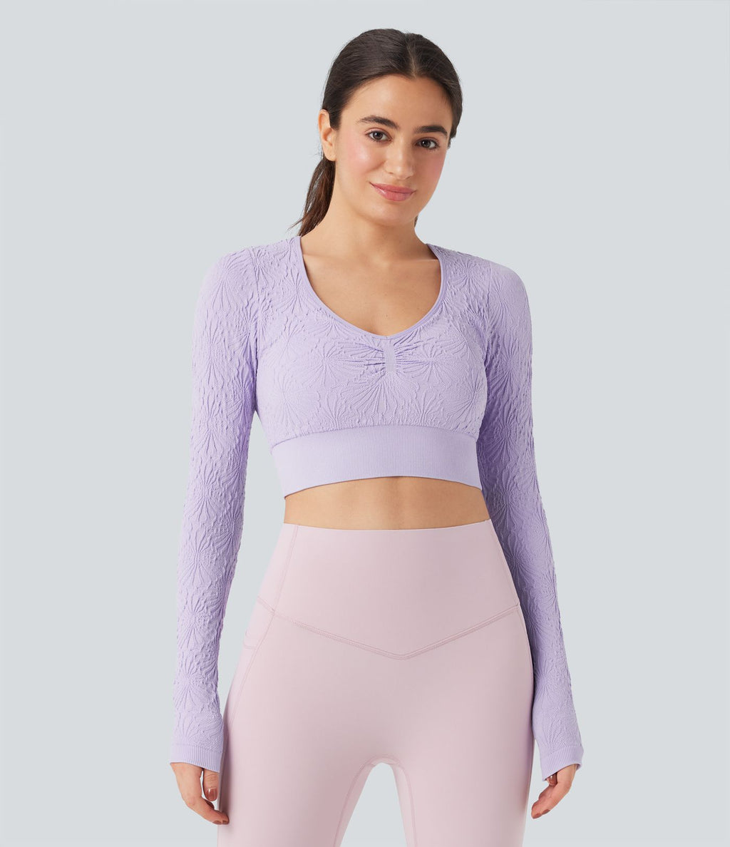 Haut de sport yoga court ajusté jacquard à manches longues sans couture OneForm Seamless Flow