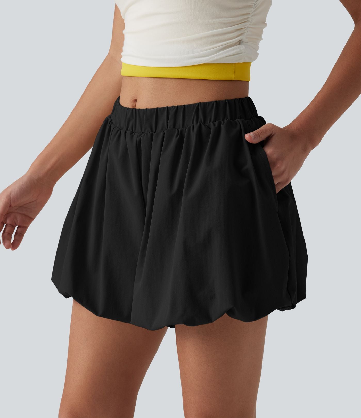 Short bouffant casual taille mi-haute en popeline extensible avec poches