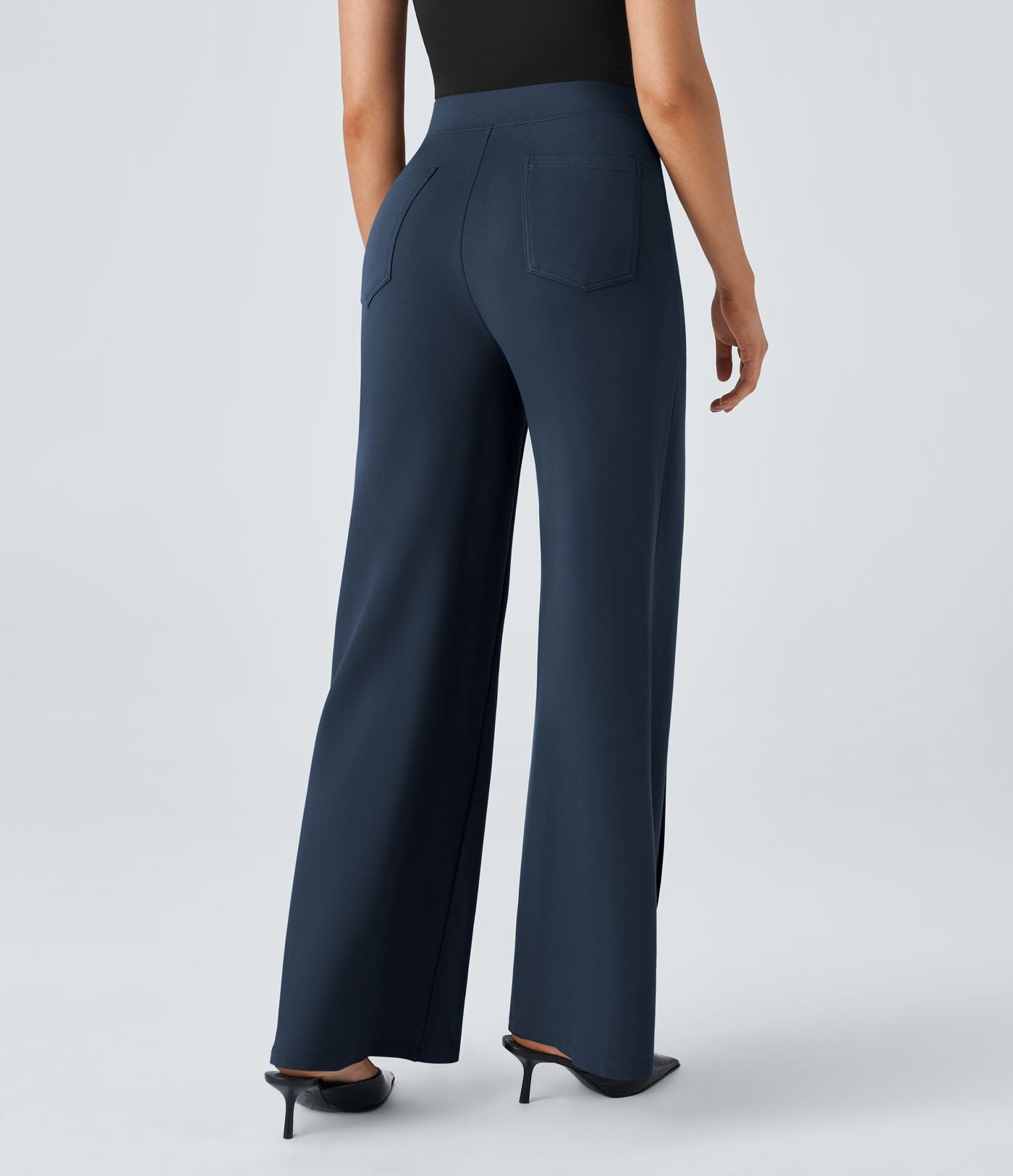 Pantalon Tailleur Large Taille Haute avec Bouton et Poches