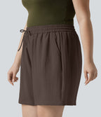 Short casual aspect lin grande taille taille haute avec cordon de serrage et poches