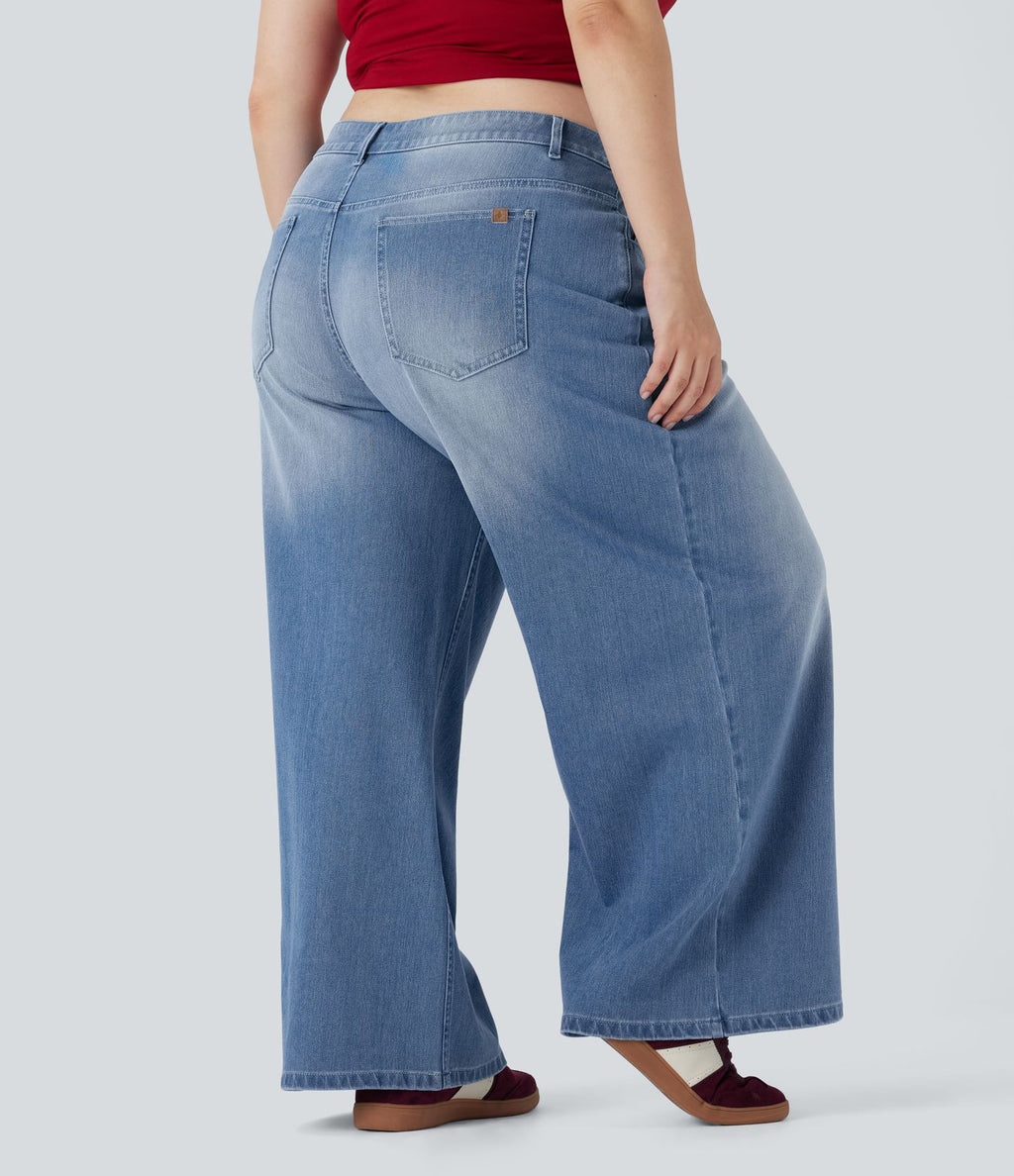 Jean décontracté grande taille Halara Flex™ taille basse large en maille extensible délavée avec multiples poches
