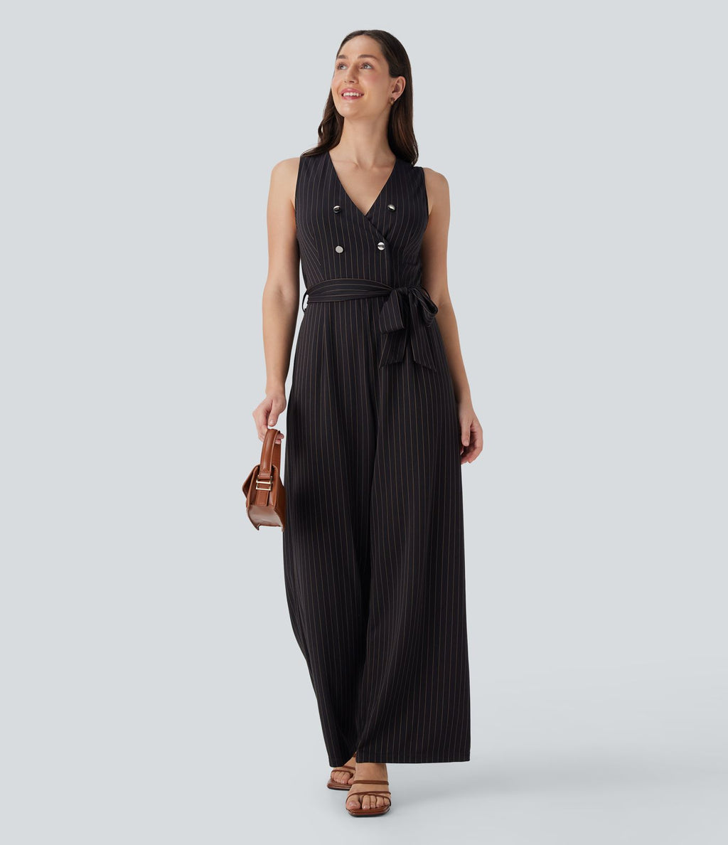 Combinaison tailleur sans manches à col V, ceinturée, avec zip invisible, rayures et effet frais avec poches, accès facile Easy Peasy