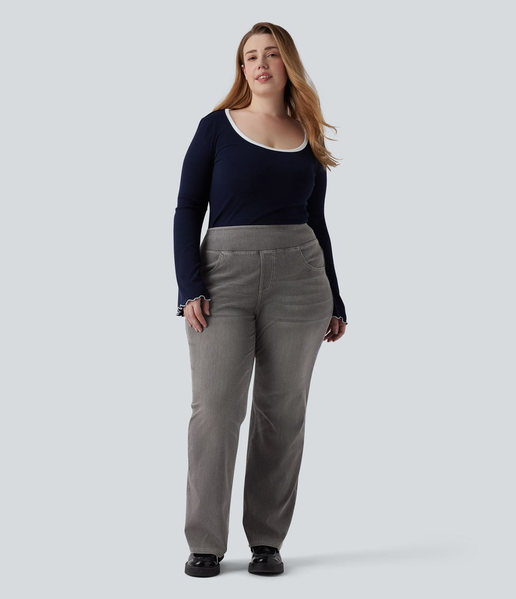 Jean décontracté Halara Flex™ grande taille bootcut taille haute en maille extensible délavée avec multiples poches