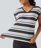 T-shirt décontracté à rayures, col en V et manches courtes