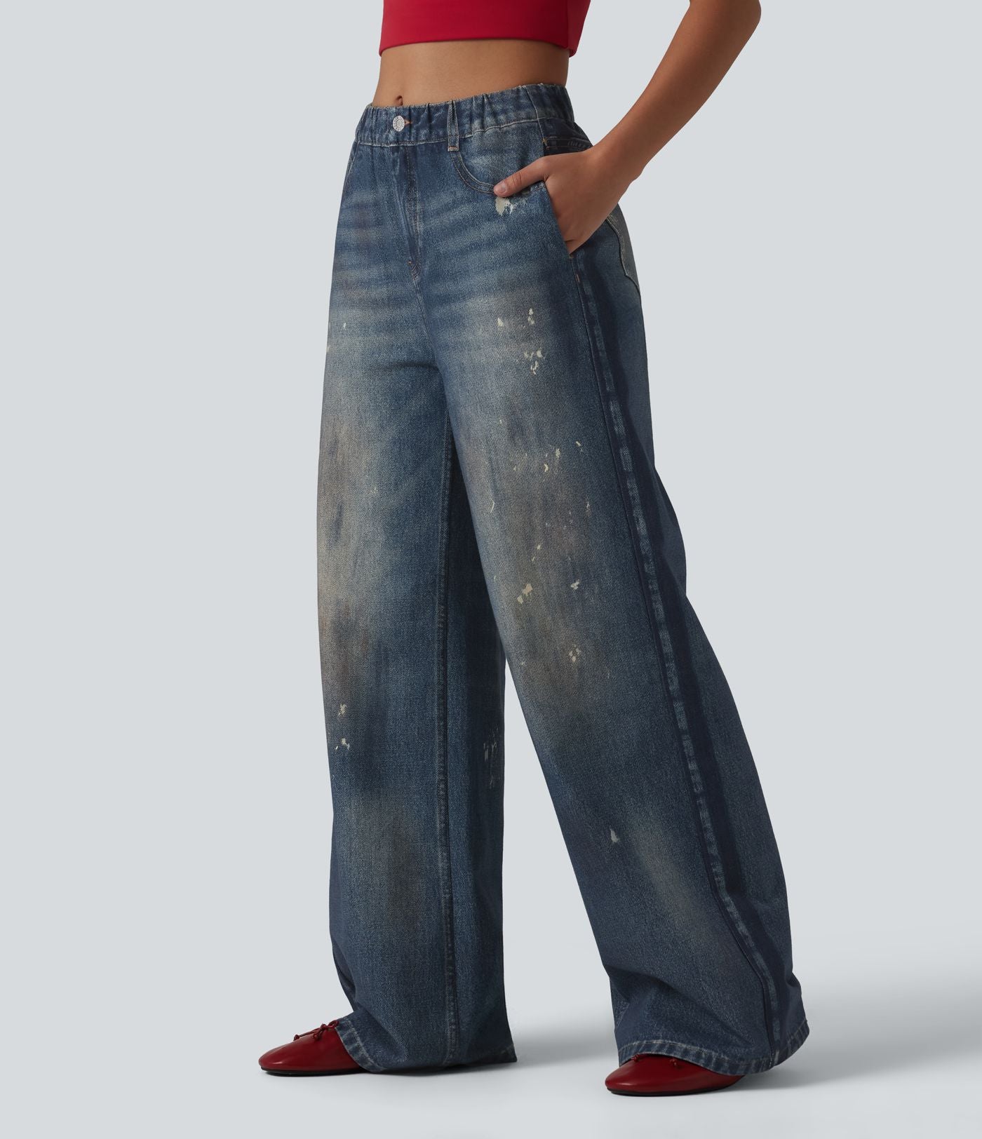 Jean de survêtement décontracté à rayures en tissu éponge français imprimé denim taille mi-haute avec poches