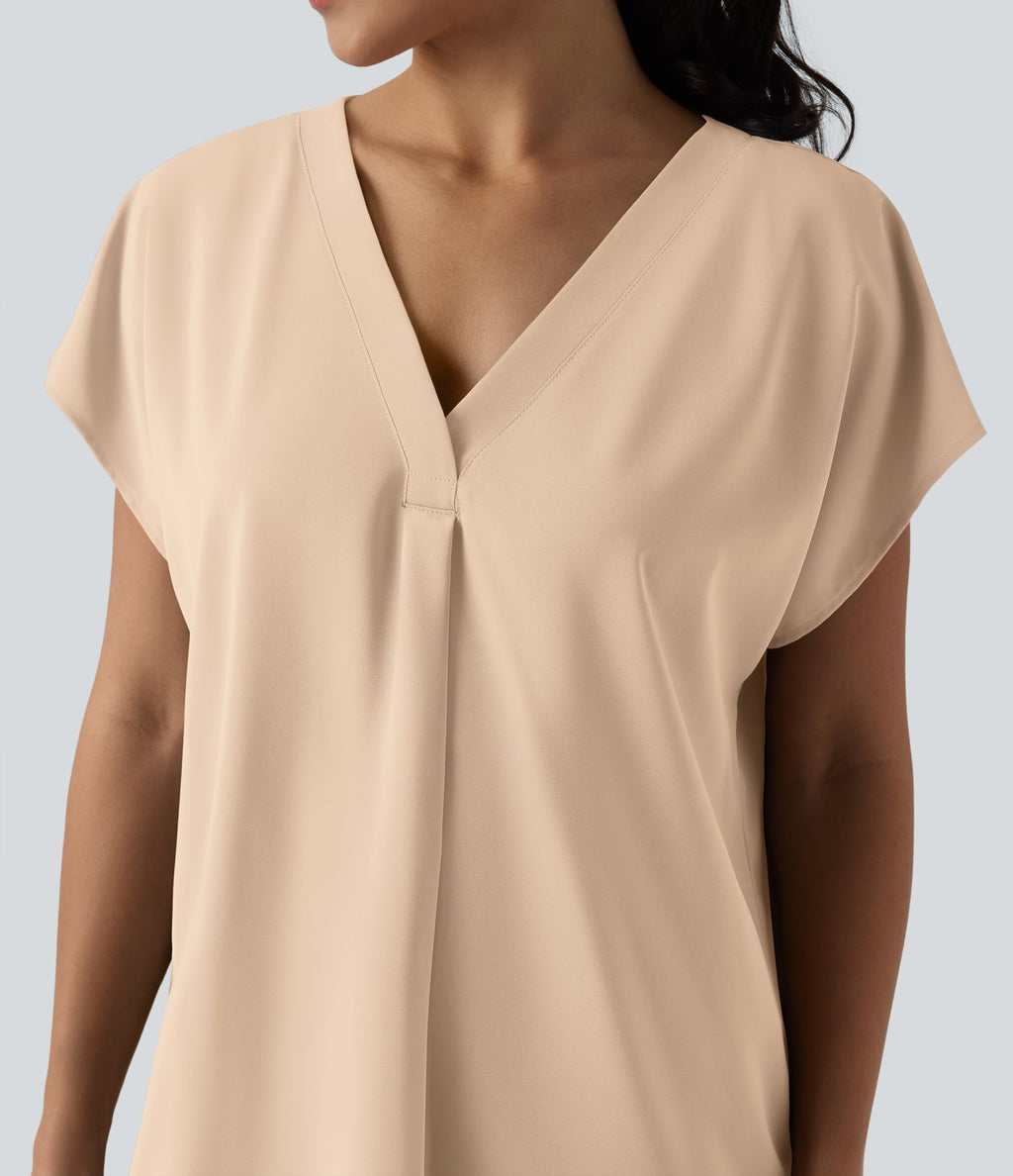 Blouse esprit bureau oversize défroissage facile, col V et manches courtes