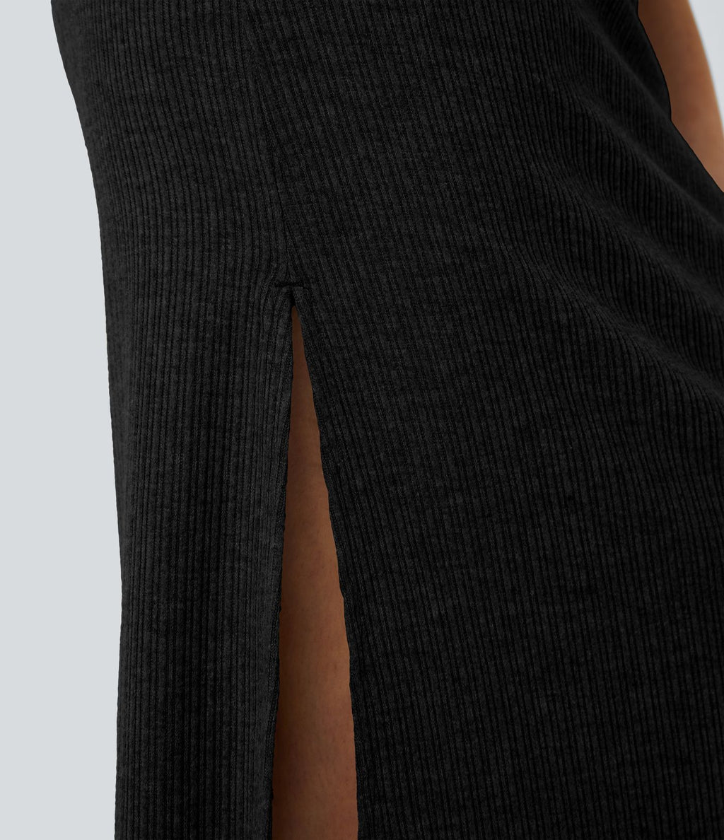 Jupe Casual Maxi à Taille Haute et Ourlet Fendu en A-Line en Côtes