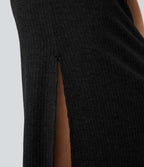 Jupe Casual Maxi à Taille Haute et Ourlet Fendu en A-Line en Côtes