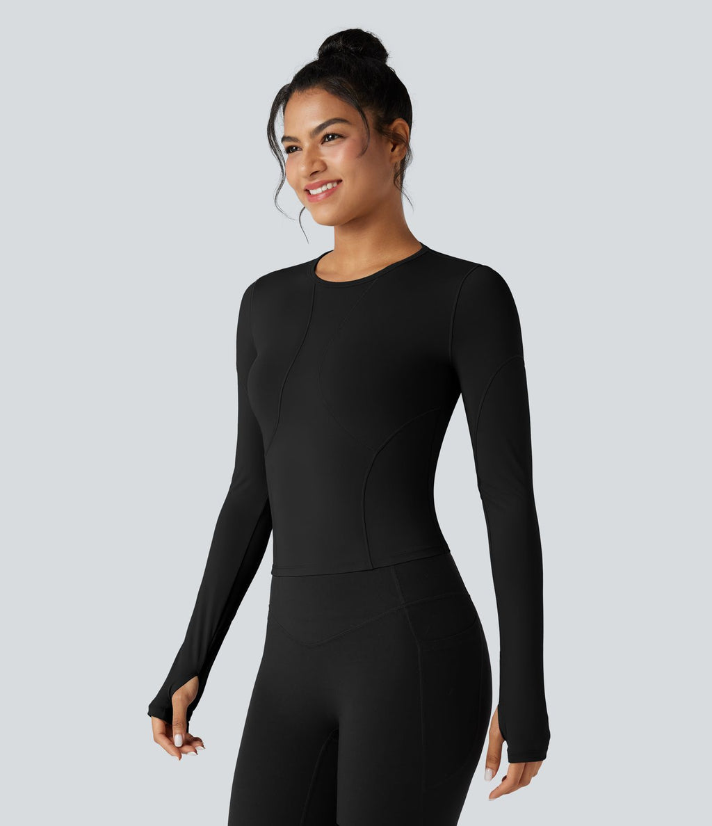 Top de sport yoga col rond manches longues avec trous pouces