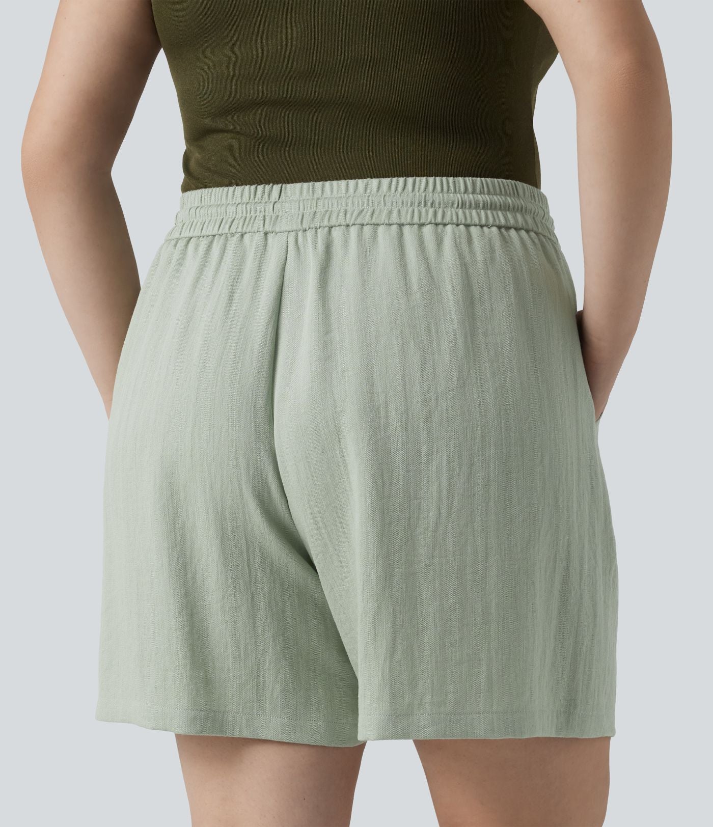 Short casual aspect lin grande taille taille haute avec cordon de serrage et poches