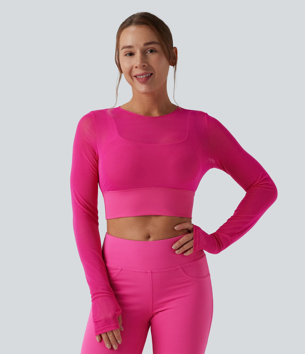 Haut de sport yoga cropped 2-en-1 manches longues mesh contrastant à trous pouces
