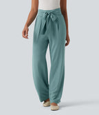 Pantalon droit décontracté aspect lin taille haute à nouer devant avec poches