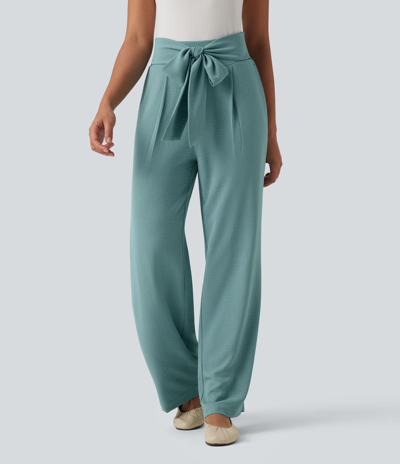 Pantalon droit décontracté aspect lin taille haute à nouer devant avec poches