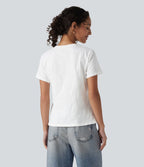 T-shirt casual ample col V manches courtes en coton slub