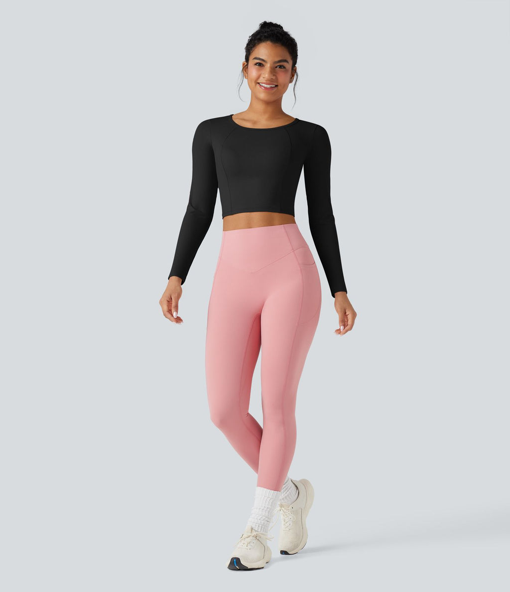 Top de sport yoga court col échancré manches longues à découpes
