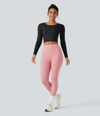Top de sport yoga court col échancré manches longues à découpes