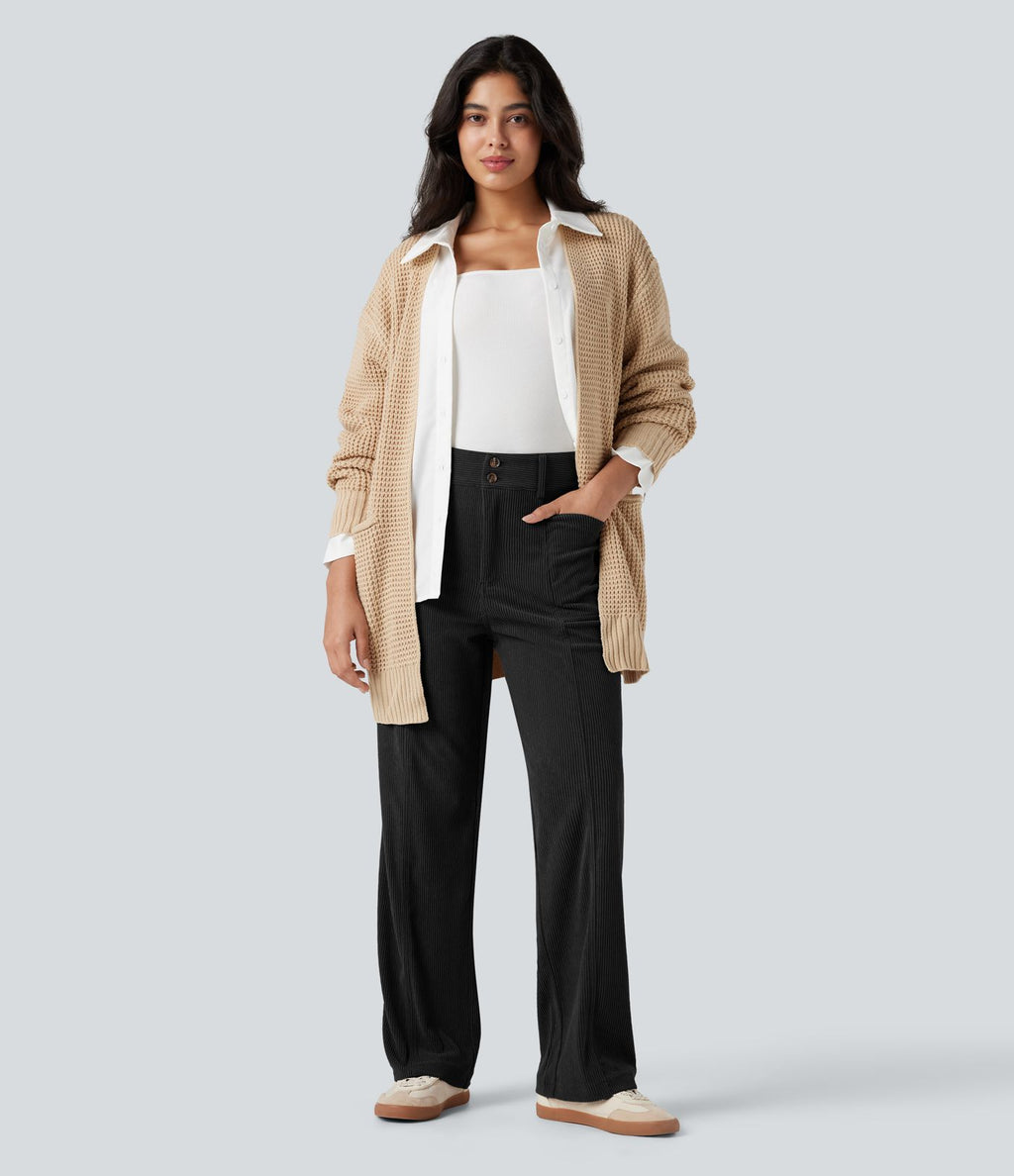 Pantalon décontracté droit taille haute en velours côtelé avec poches