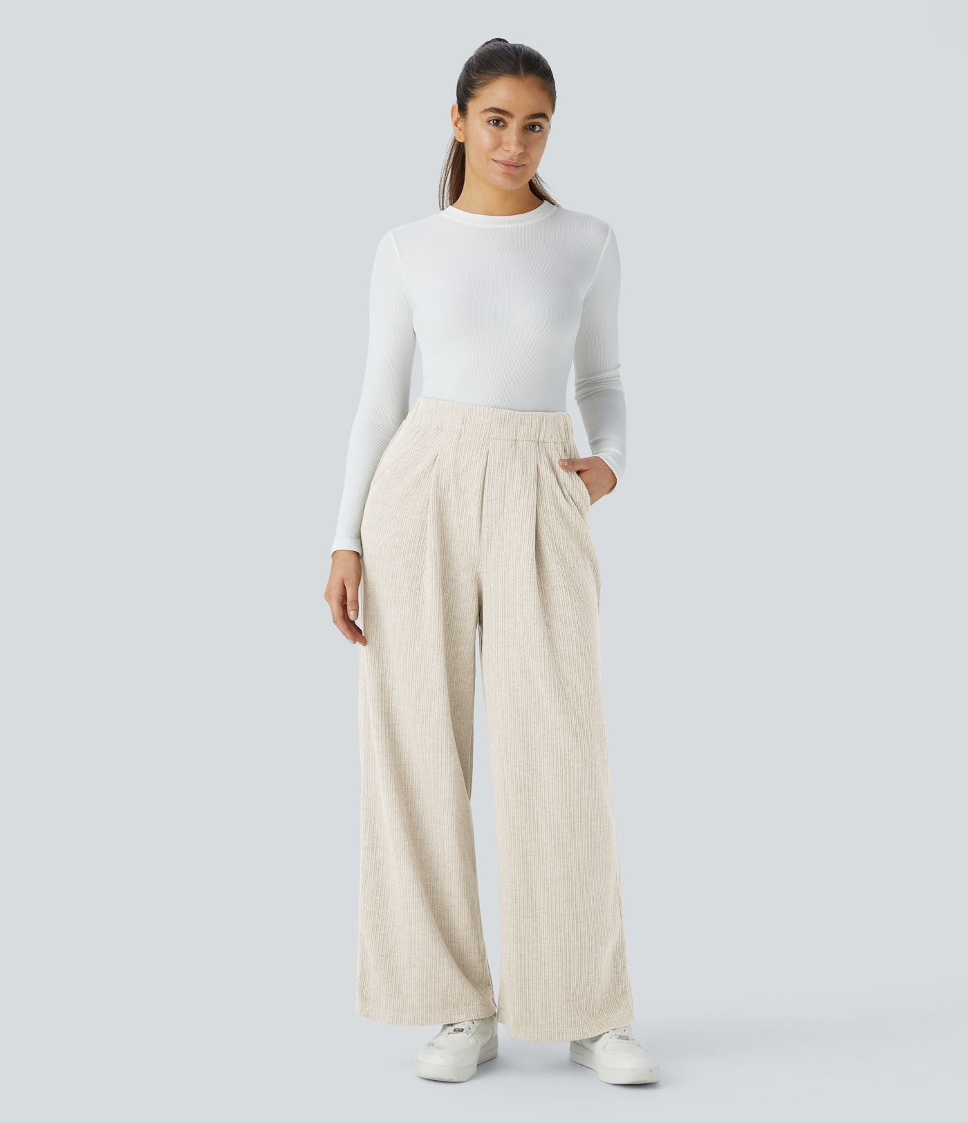 Pantalon décontracté large côtelé, taille haute, avec poches