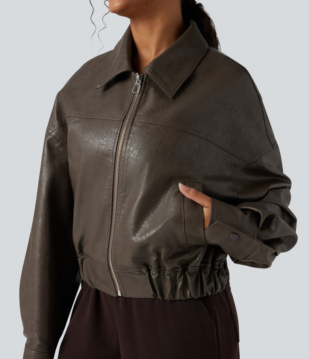 Veste décontractée en tissu enduit à fermeture éclair et manches longues avec poches